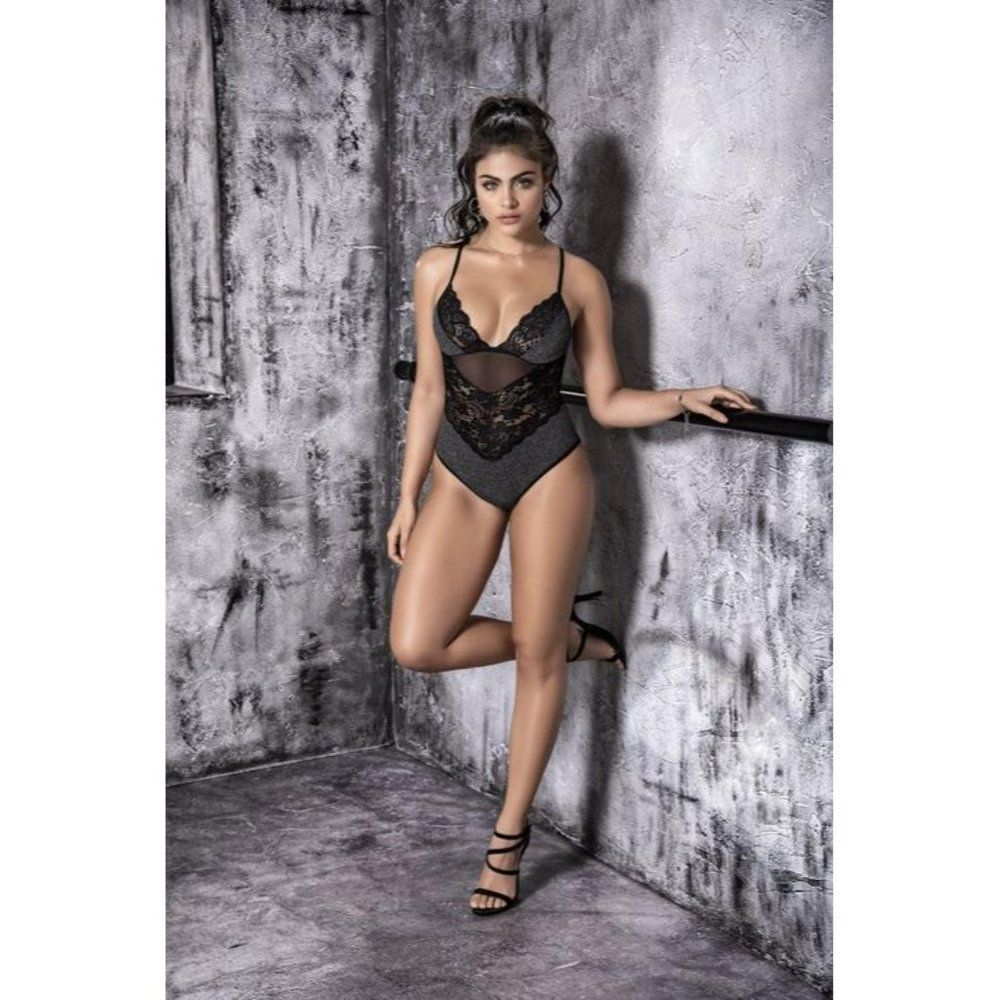 Shimmery Grey Black Ribbed cross-back adjustable Bodysuit Size S/M